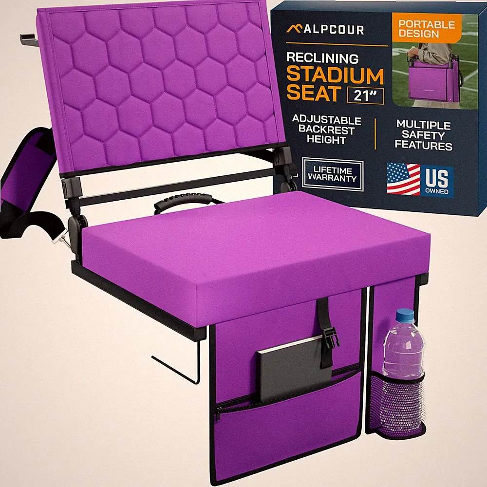 Extra Wide Folding Reclining Stadium Seat Bleacher Chair Purple 21in with Hooks