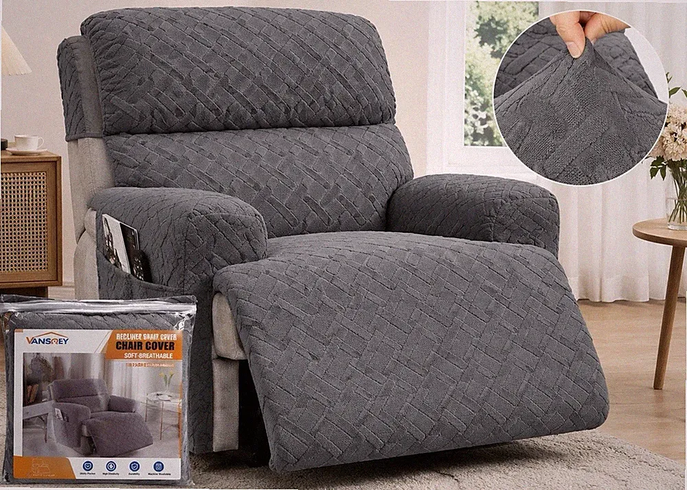 New Listing Vansky Oversized Recliner Chair Cover Gray Soft Stretch 4-Piece Set New