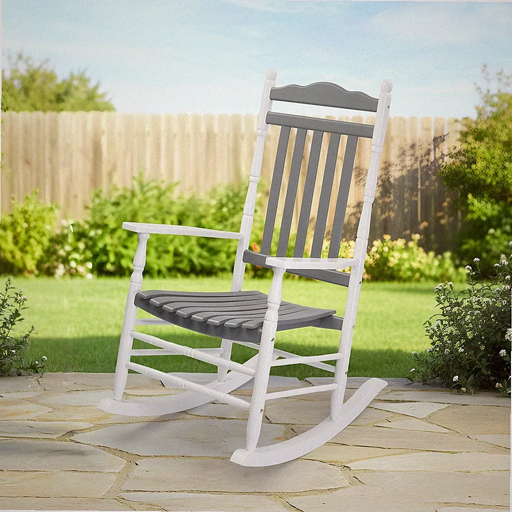 Wooden Rocking Chair 45in Armchair, w/ High Back Reclining Seat for In/Outdoor